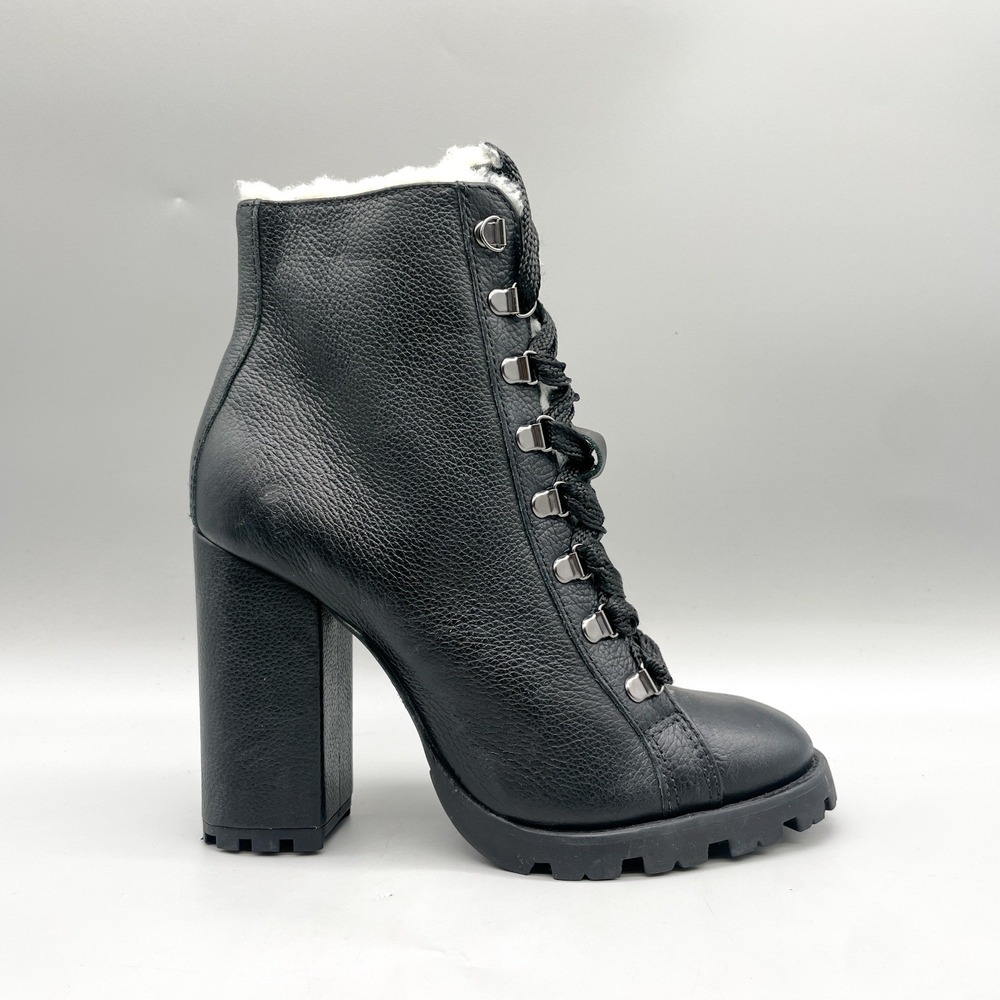 Schutz Womens 8.5 B Zhara Winter Boots Black Leather Lug Sole Chunky Heels Moto